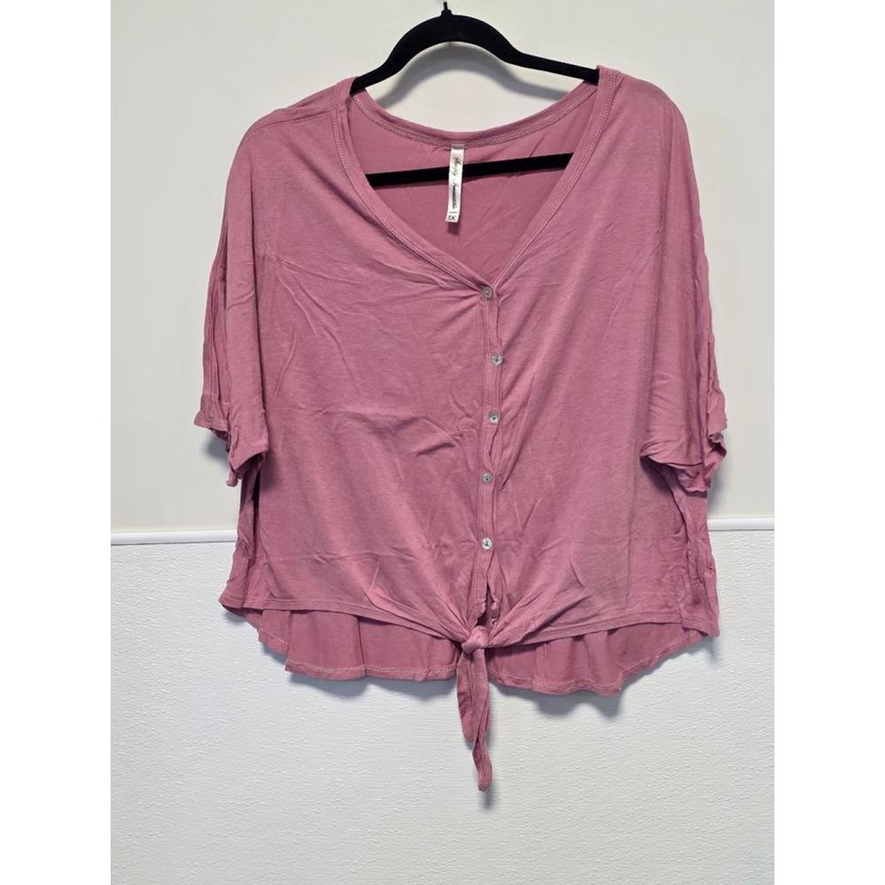 Women's Simply Irresistible Pink 1X V-Neck Button‎ Front Tie Tee